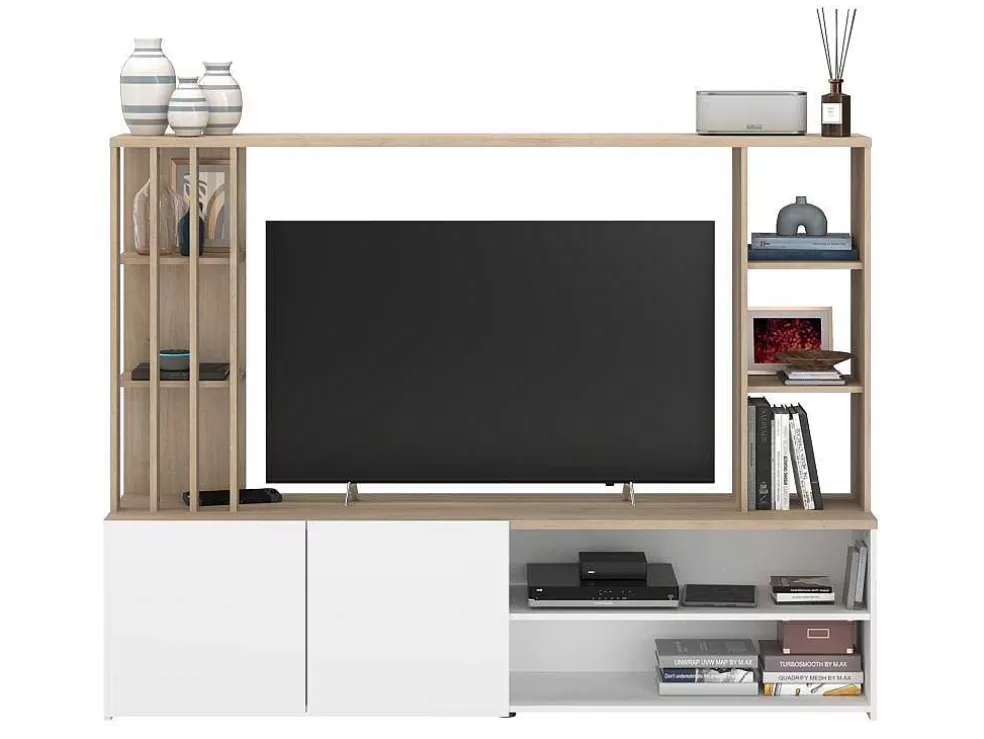 Vente-unique Móvel De Tv Com Espacos De Arrumação, Natural E Branco - Gorbella* Móvel De Tv