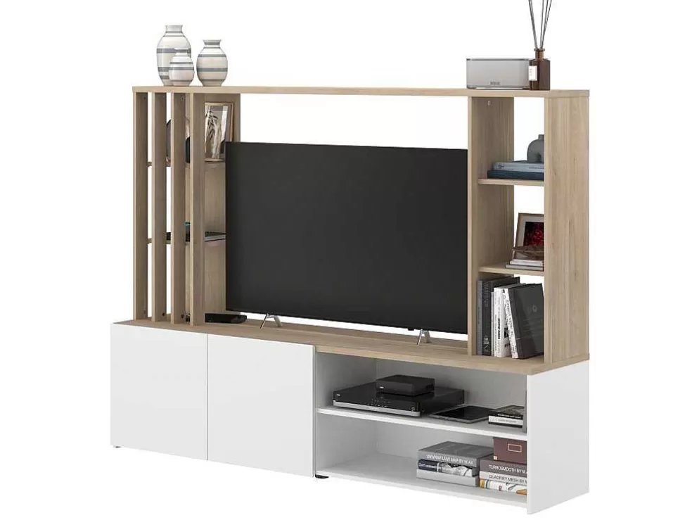 Vente-unique Móvel De Tv Com Espacos De Arrumação, Natural E Branco - Gorbella* Móvel De Tv