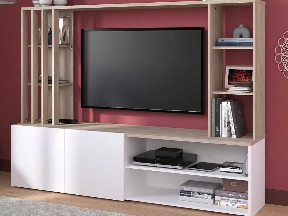 Vente-unique Móvel De Tv Com Espacos De Arrumação, Natural E Branco - Gorbella* Móvel De Tv