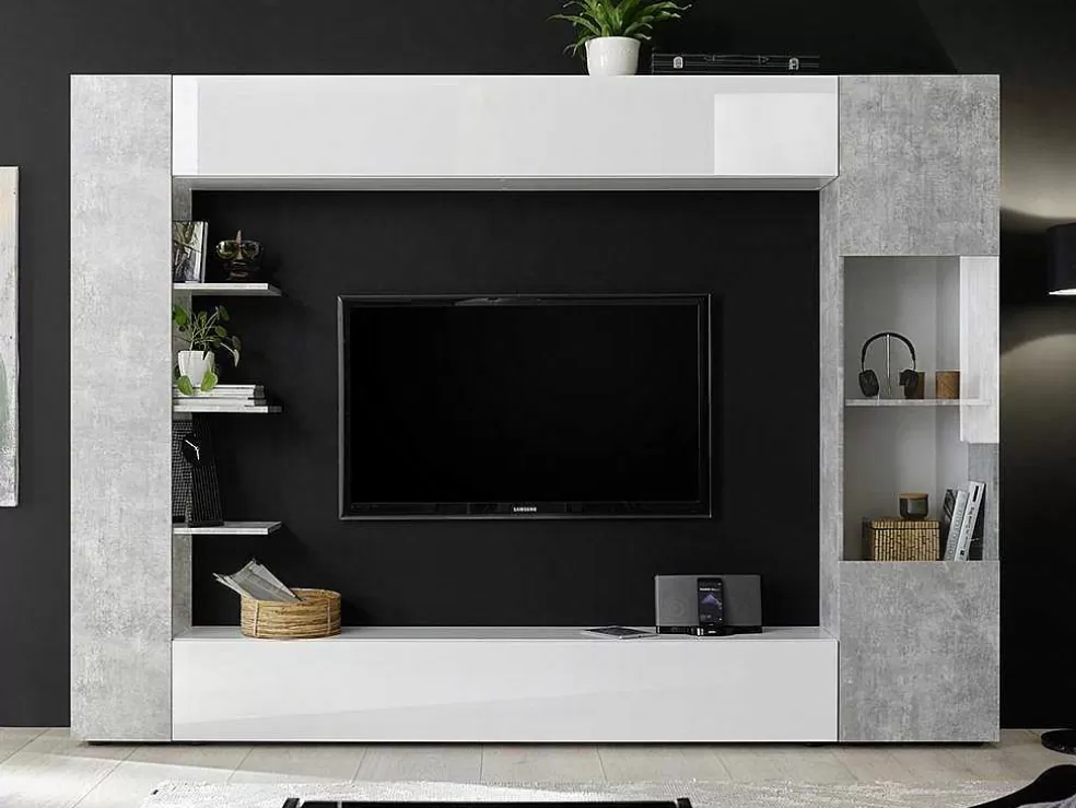 Vente-unique Móvel De Tv Lacado A Branco E Cinza Cimento Com Espacos De Arrumação - Sirius* Móvel De Tv