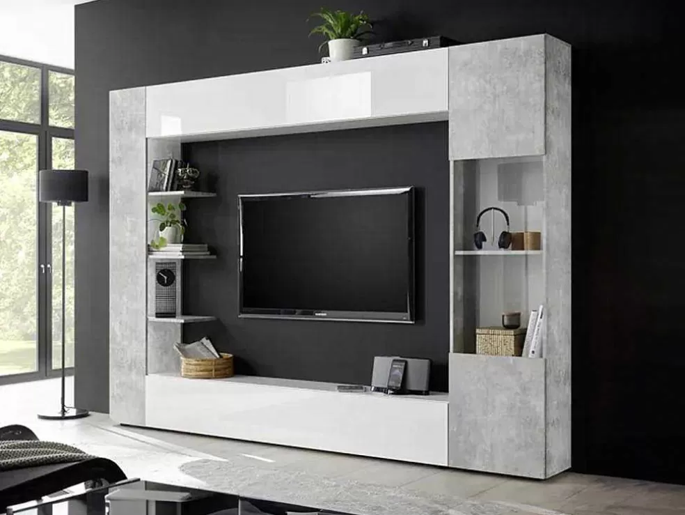 Vente-unique Móvel De Tv Lacado A Branco E Cinza Cimento Com Espacos De Arrumação - Sirius* Móvel De Tv