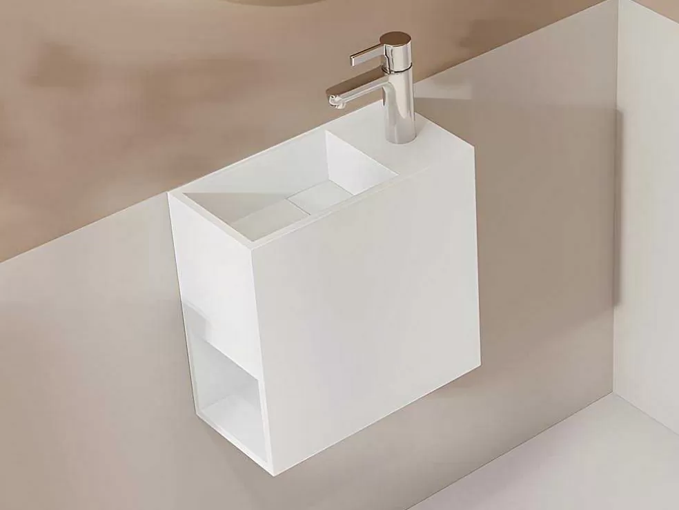 Shower & Design Móvel Lavatório Suspenso Cor Branco Em Solid Surface Com Nicho De 40 Cm - Pumori* Móvel De Parede Para Casa De Banho