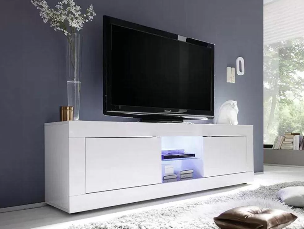 Vente-unique Móvel Para Tv Com Leds E 2 Portas Disponivel Em Branco Lacado - Comete* Promoções Sala