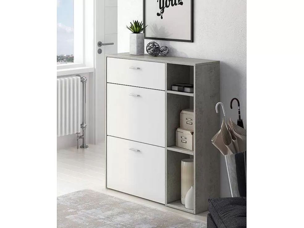 Skraut Home Móvel Sapateiro Estrutura Cor Cemento, Branco Mate Nas 2 Portas Basculantes E Na Gaveta* Sapateira
