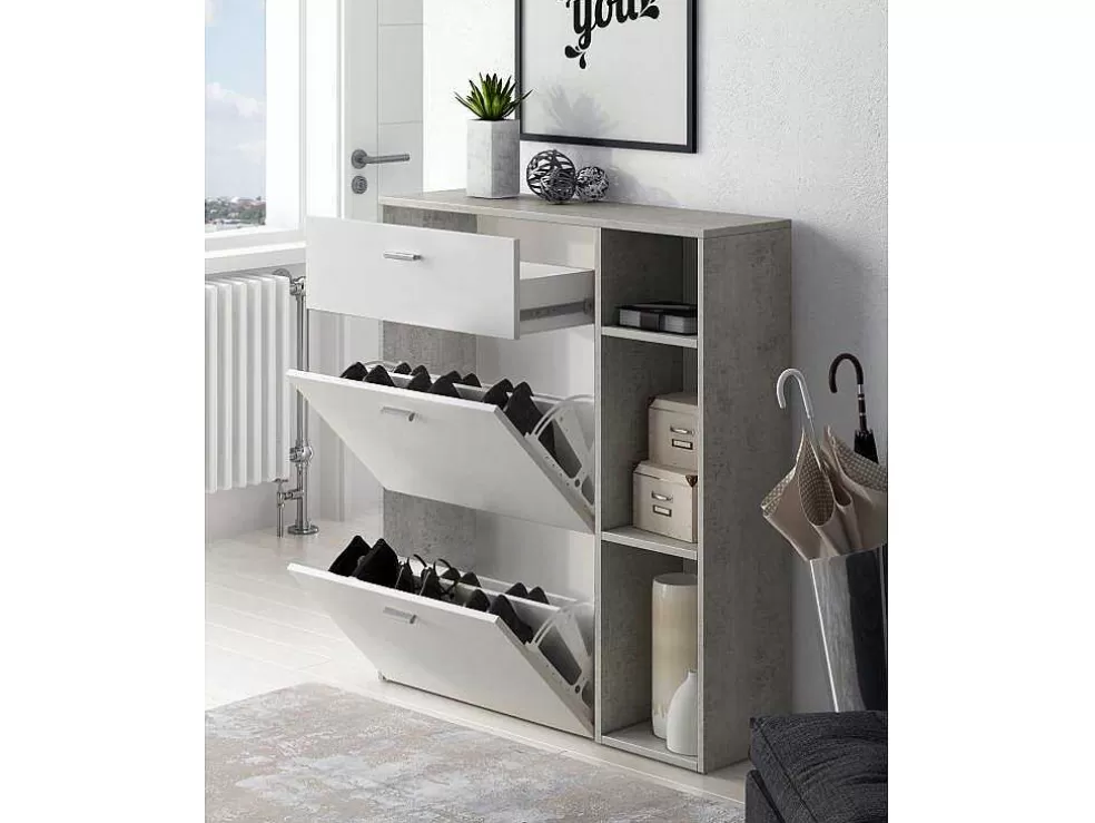 Skraut Home Móvel Sapateiro Estrutura Cor Cemento, Branco Mate Nas 2 Portas Basculantes E Na Gaveta* Sapateira