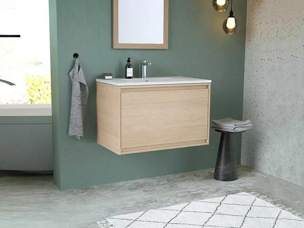 Vente-unique Móvel Suspenso De Casa De Banho Com Lavatório De Encastrar, Folha De Carvalho, 80 Cm - Mesliva* Móvel Lavatório Individual