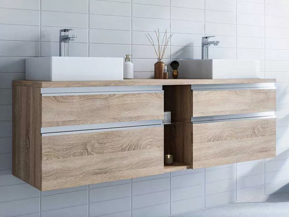 Vente-unique Móvel Suspenso De Casa De Banho Com Lavatório Duplo Cor Natural Clara 150 Cm - Magdalena Ii* Móvel Lavatório Duplo
