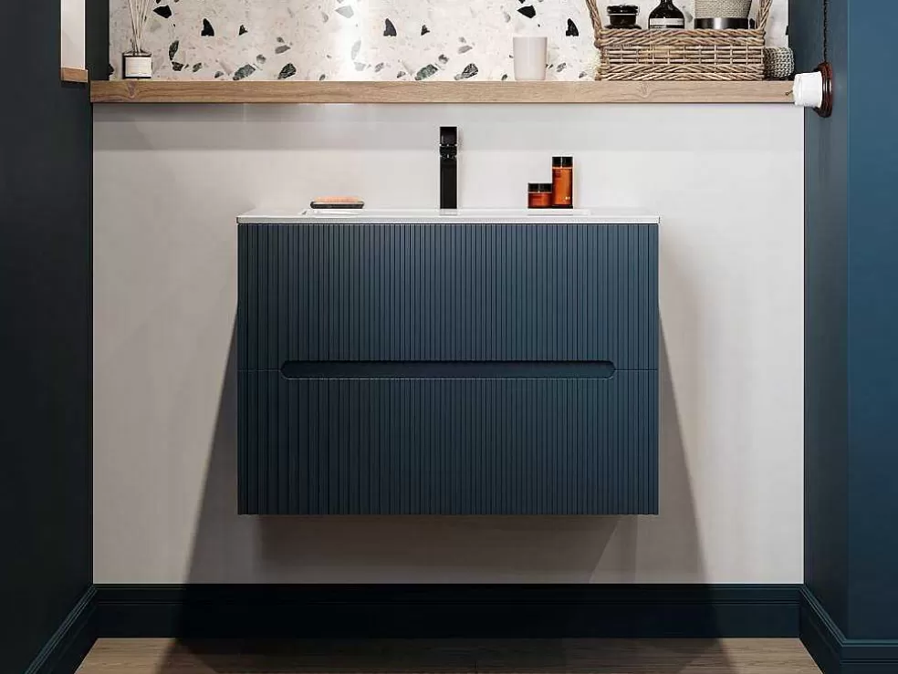 Vente-unique Móvel Suspenso De Casa De Banho Com Lavatório Embutido Listra Azul 80 Cm - Pavani* Móvel Lavatório Individual