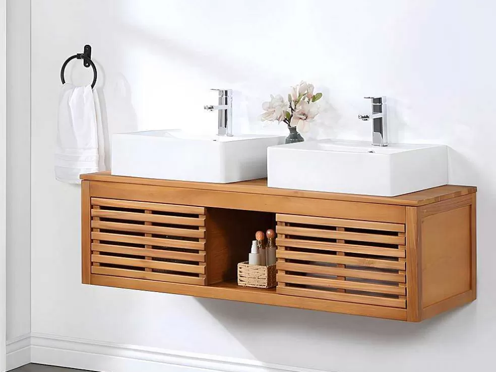 Vente-unique Móvel Suspenso De Casa De Banho Em Madeira De Acacia Com Lavatório Duplo De 130 Cm - Penebel* Móvel Lavatório Duplo