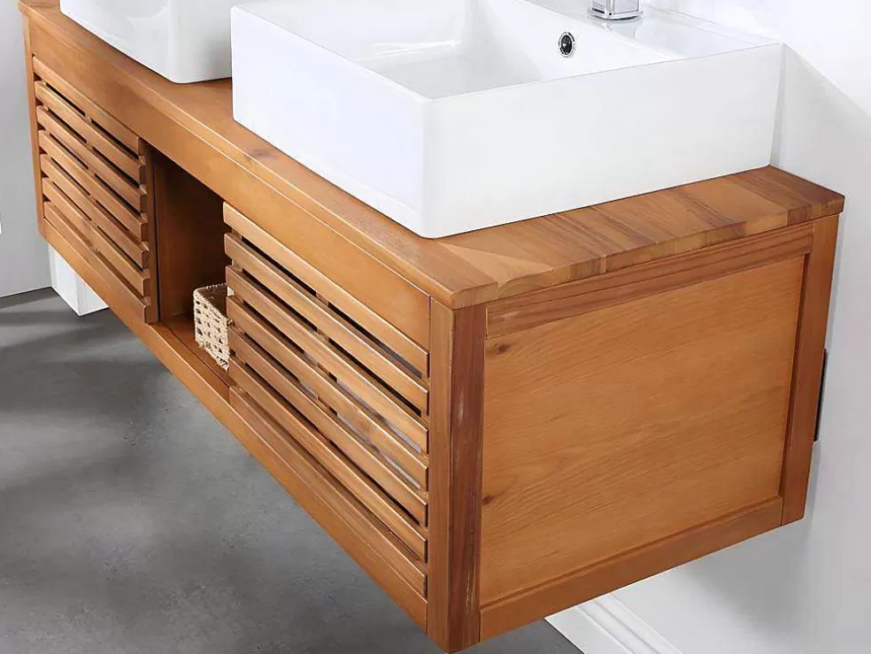 Vente-unique Móvel Suspenso De Casa De Banho Em Madeira De Acacia Com Lavatório Duplo E Espelhos De 130 Cm - Penebel* Móvel Lavatório Duplo