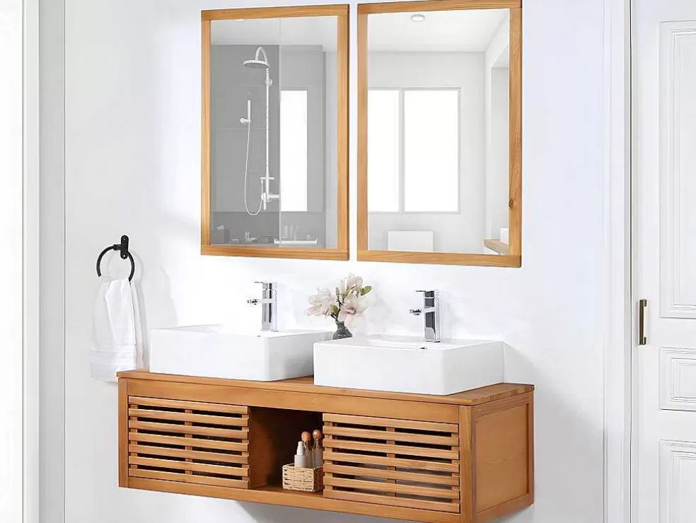 Vente-unique Móvel Suspenso De Casa De Banho Em Madeira De Acacia Com Lavatório Duplo E Espelhos De 130 Cm - Penebel* Móvel Lavatório Duplo