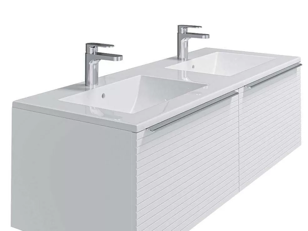 Vente-unique Móvel Suspenso De Casa De Banho Estriado Branco Com Lavatório Duplo De Encastrar 120 Cm - Latoma* Móvel Lavatório Duplo