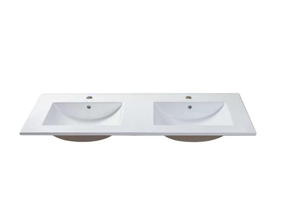 Vente-unique Móvel Suspenso De Casa De Banho Estriado Branco Com Lavatório Duplo De Encastrar 120 Cm - Latoma* Móvel Lavatório Duplo