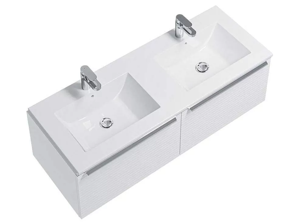 Vente-unique Móvel Suspenso De Casa De Banho Estriado Branco Com Lavatório Duplo De Encastrar 120 Cm - Latoma* Móvel Lavatório Duplo