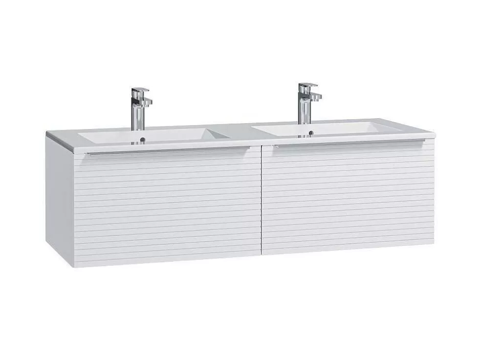 Vente-unique Móvel Suspenso De Casa De Banho Estriado Branco Com Lavatório Duplo De Encastrar 120 Cm - Latoma* Móvel Lavatório Duplo
