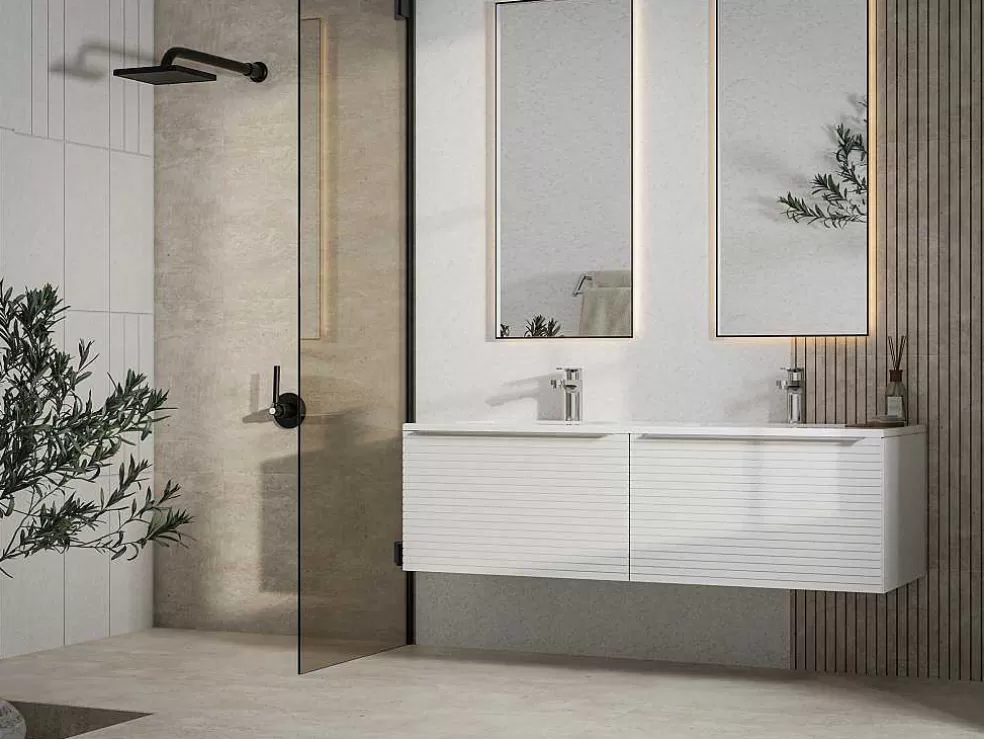Vente-unique Móvel Suspenso De Casa De Banho Estriado Branco Com Lavatório Duplo De Encastrar 120 Cm - Latoma* Móvel Lavatório Duplo