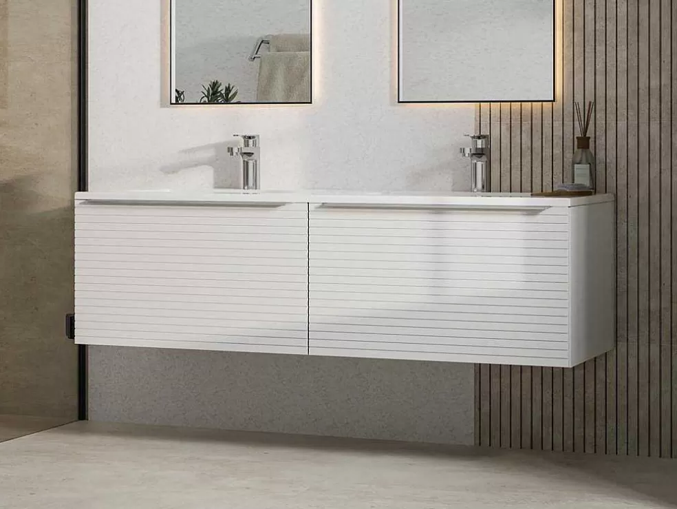 Vente-unique Móvel Suspenso De Casa De Banho Estriado Branco Com Lavatório Duplo De Encastrar 120 Cm - Latoma* Móvel Lavatório Duplo