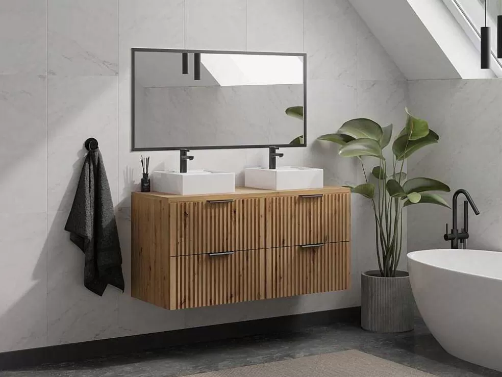 Vente-unique Móvel Suspenso Estriado Com Tampo Para Lavatório Natural Claro C120 Cm - Zevara* Móvel Para Lavatório