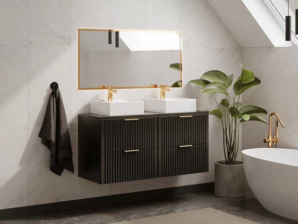 Vente-unique Móvel Suspenso Estriado Com Tampo Para Lavatório Preto C120 Cm - Zevara* Móvel Para Lavatório