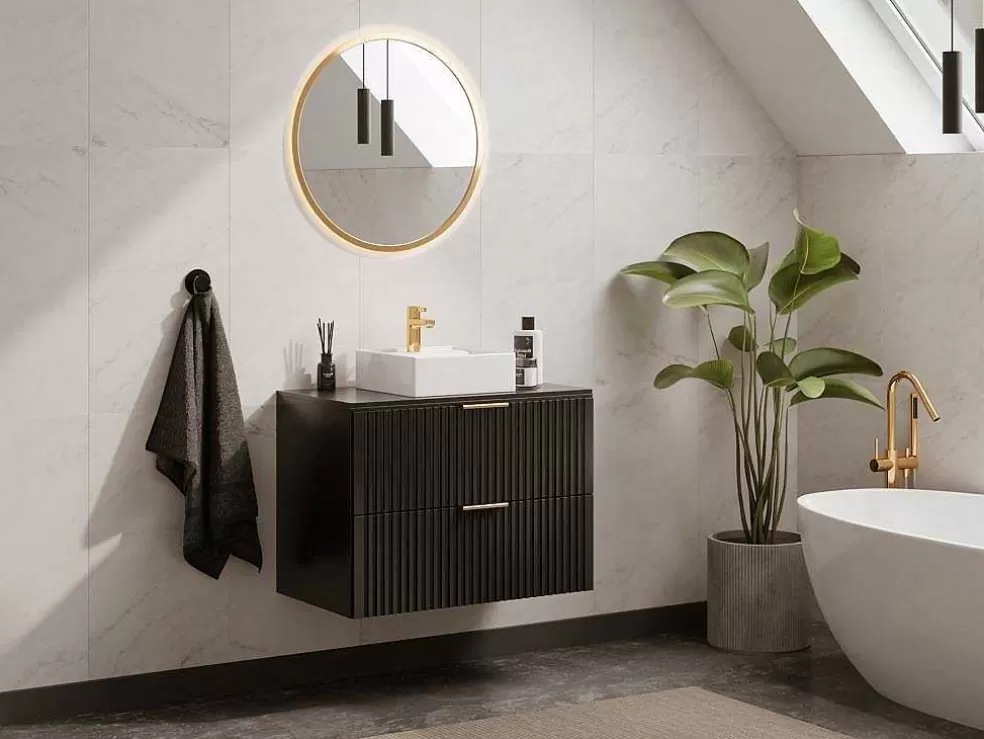 Vente-unique Móvel Suspenso Estriado Com Tampo Para Lavatório Preto C80 Cm - Zevara* Promoções Casa De Banho & Bem-Estar