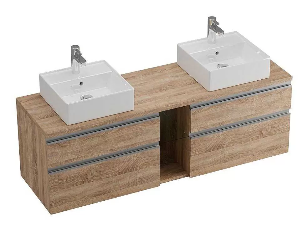 Vente-unique Móvel Suspenso Para Casa De Banho Com Dupla Pia E Espelhos - Cor Natural Clara - 150 Cm - Magdalena Ii* Móvel Lavatório Duplo