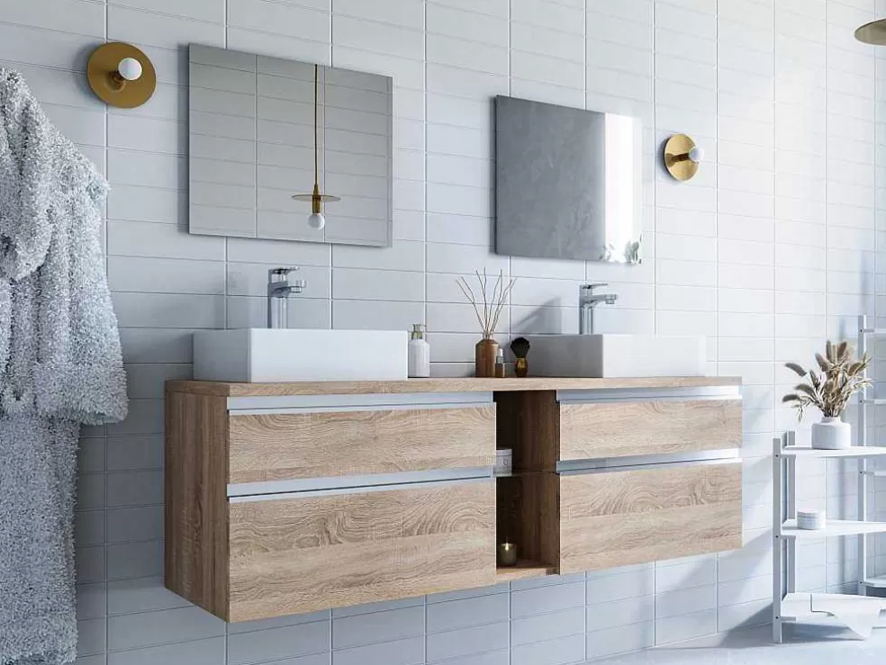 Vente-unique Móvel Suspenso Para Casa De Banho Com Dupla Pia E Espelhos - Cor Natural Clara - 150 Cm - Magdalena Ii* Móvel Lavatório Duplo
