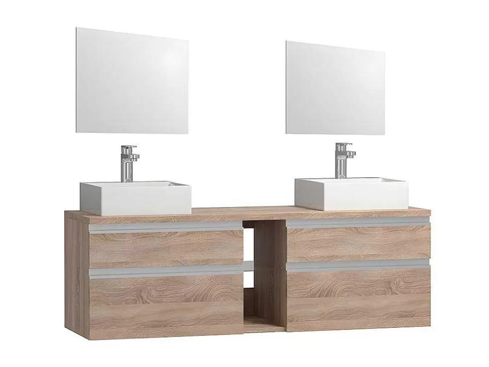Vente-unique Móvel Suspenso Para Casa De Banho Com Dupla Pia E Espelhos - Cor Natural Clara - 150 Cm - Magdalena Ii* Móvel Lavatório Duplo