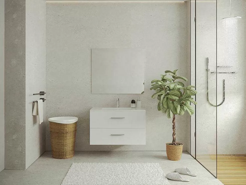 Vente-unique Móvel Suspenso Para Casa De Banho Com Lavatório Individual Branco 80 Cm - Kayla* Móvel Lavatório Individual