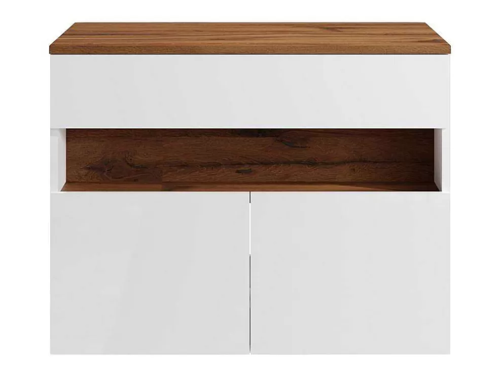Vente-unique Móvel Suspenso Para Colocar Sob O Lavatório Com Leds E Tampo, Branco E Natural Escuro C80 Cm - Pozega* Móvel Para Lavatório