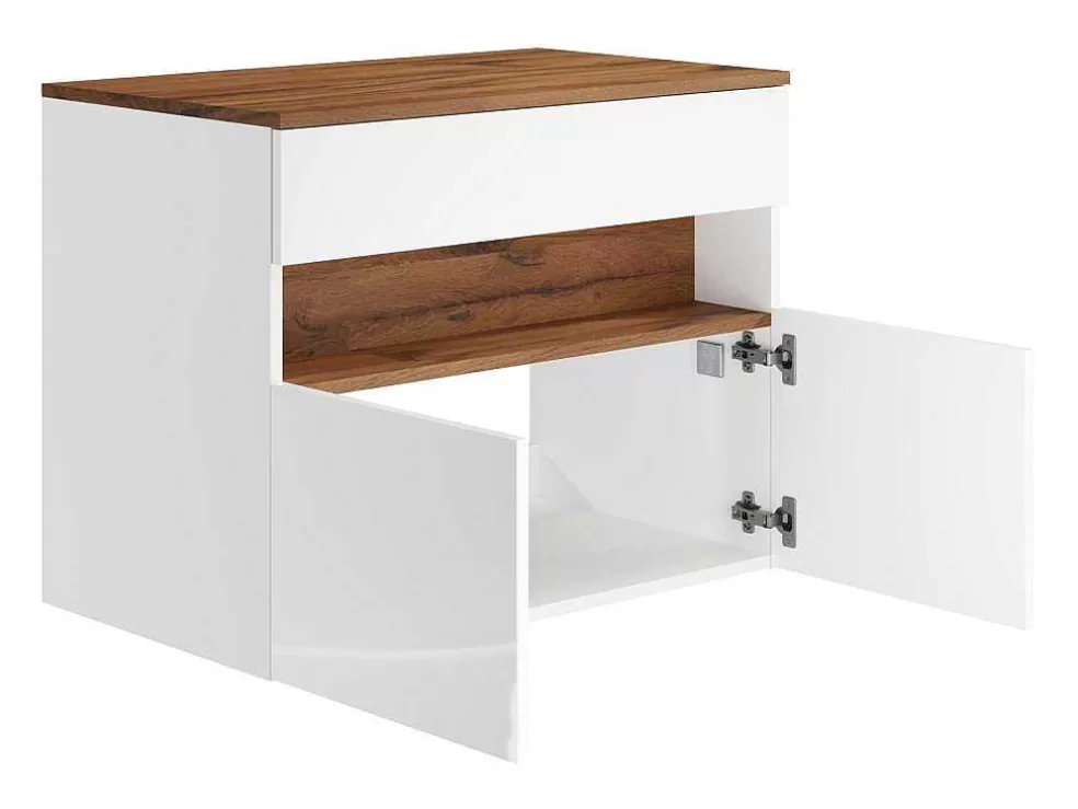 Vente-unique Móvel Suspenso Para Colocar Sob O Lavatório Com Leds E Tampo, Branco E Natural Escuro C80 Cm - Pozega* Móvel Para Lavatório