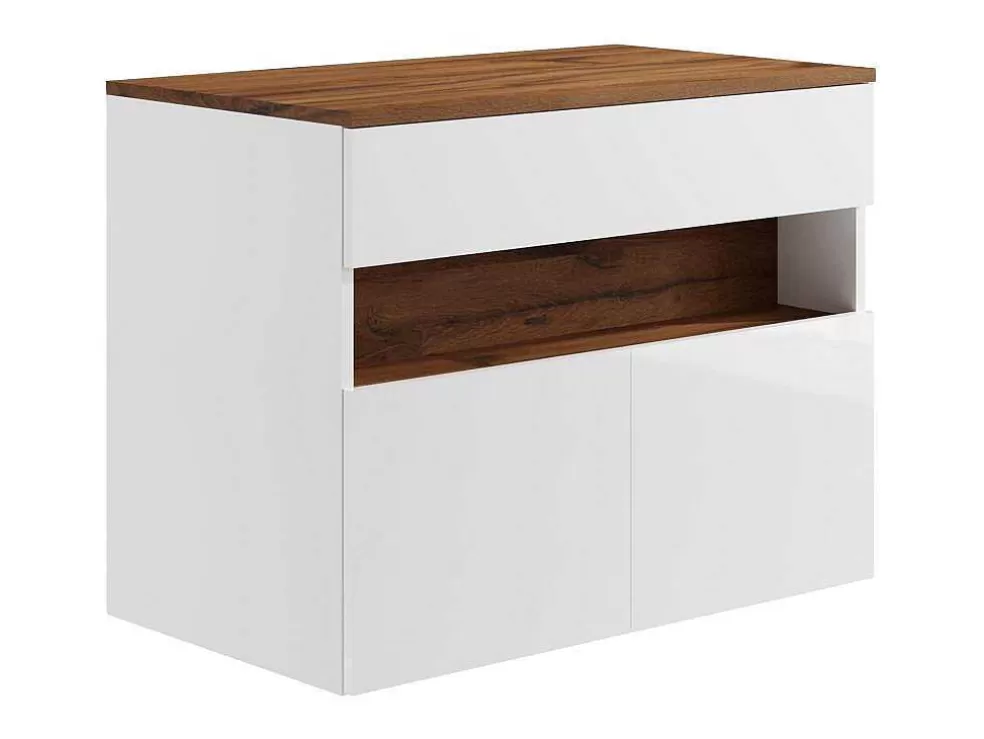 Vente-unique Móvel Suspenso Para Colocar Sob O Lavatório Com Leds E Tampo, Branco E Natural Escuro C80 Cm - Pozega* Móvel Para Lavatório