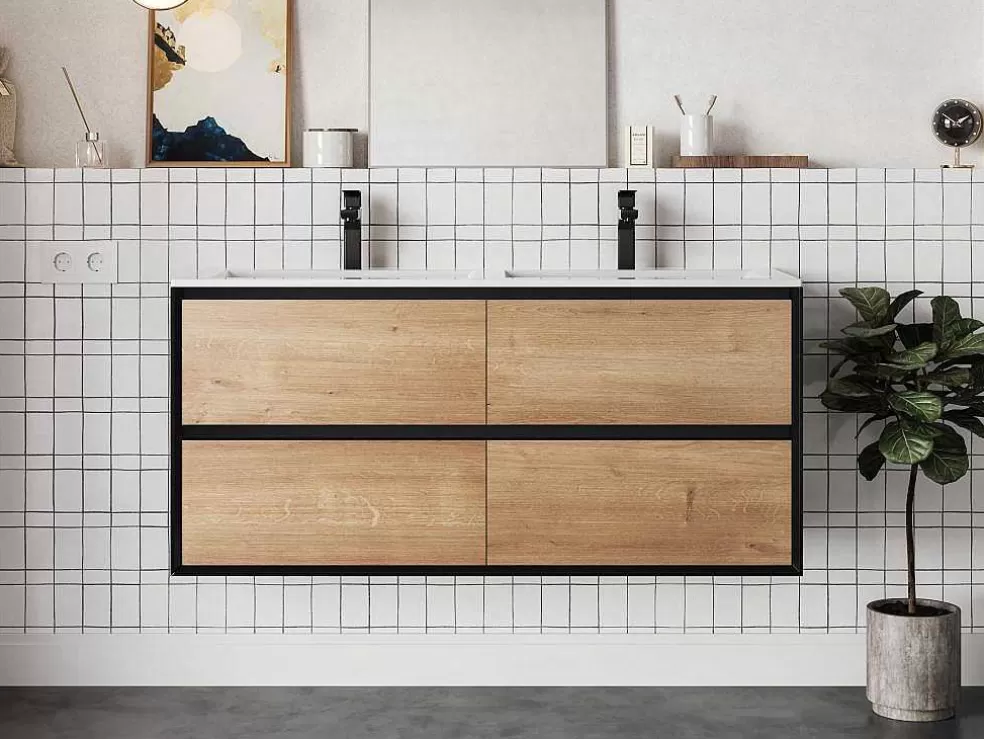 Vente-unique Móvel Suspenso Para Colocar Sob O Lavatório Cor Natural E Preto 120 Cm - Lannick* Móvel Para Lavatório