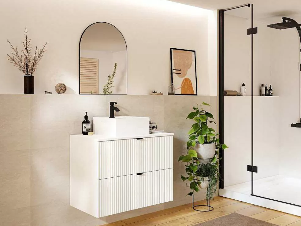 Vente-unique Móvel Suspenso Para Colocar Sob O Lavatório Estriado Branco C80 Cm - Zevini* Móvel Para Lavatório