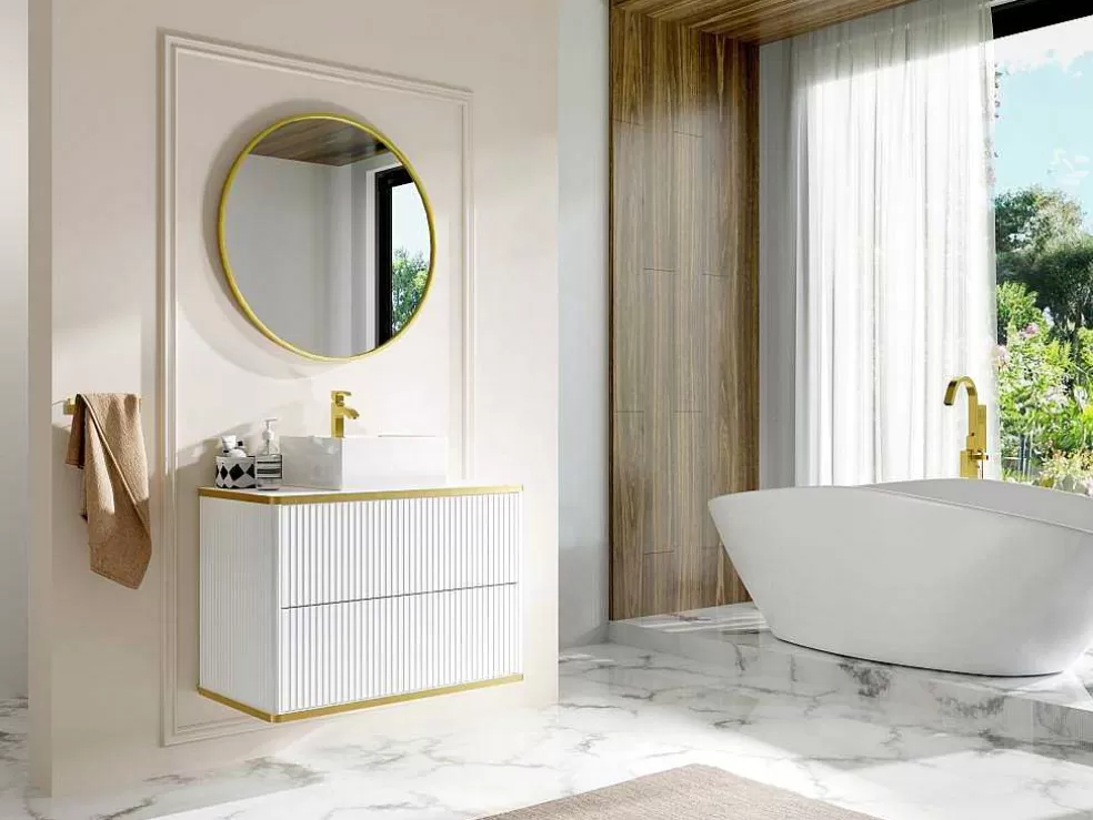 Vente-unique Móvel Suspenso Para Colocar Sob O Lavatório Estriado Rebordo Dourado, Cor Branca C80 Cm - Keliza* Promoções Casa De Banho & Bem-Estar