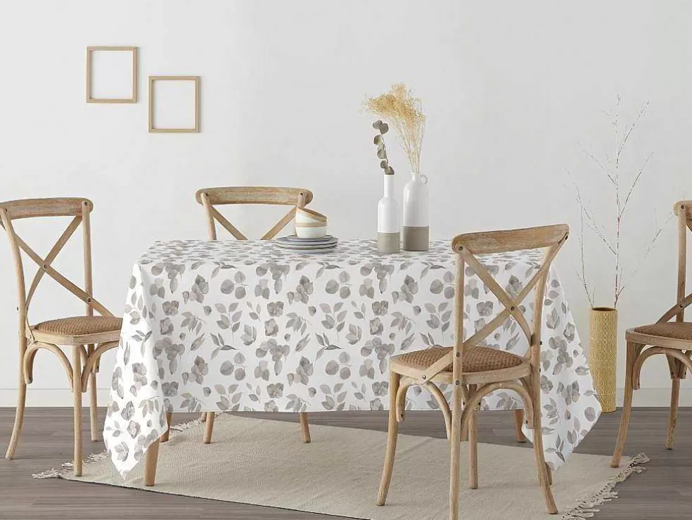 Purline Nappe Anti-Taches 100% Coton 1 Piece Blanc A Feuilles Grises 300X140* Têxteis De Mesa