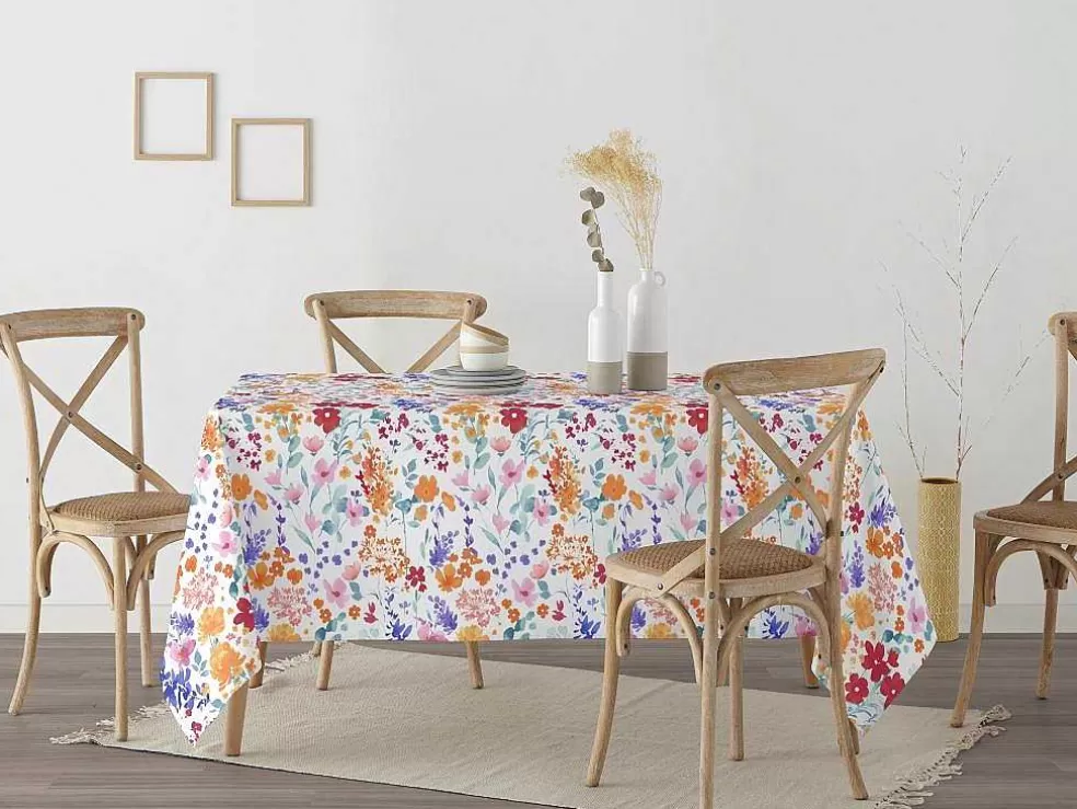 Purline Nappe Anti-Taches 100% Coton 1 Piece Blanc A Fleurs Vives 200X140* Têxteis De Mesa