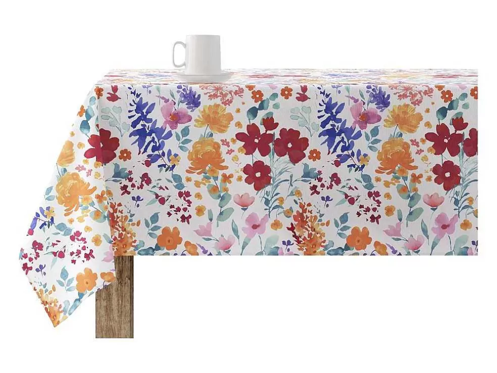 Purline Nappe Anti-Taches 100% Coton 1 Piece Blanc A Fleurs Vives 100X140* Têxteis De Mesa