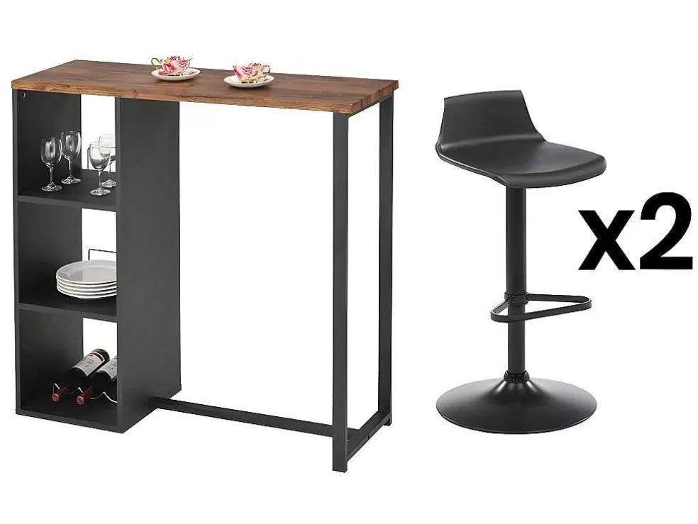 Vente-unique Pack "Comer Em Pe": Móvel De Bar Morena + 2 Bancos Altos Calas - Preto E Efeito Nogueira* Móvel De Bar