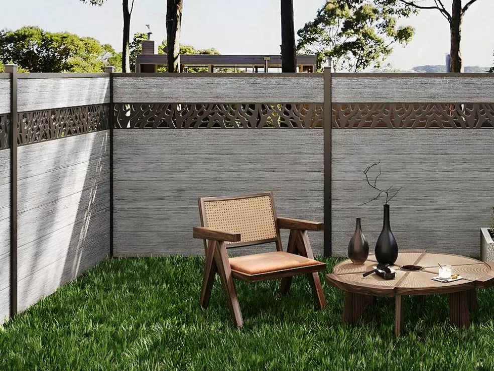 EXPERTLAND Paineis De Vedacao Para Enterrar A181 Cm, Kit De 7 Laminas Em Composito Com Decoração + 1 Poste Cinzento-Claro - Enola* Canico E Cerca