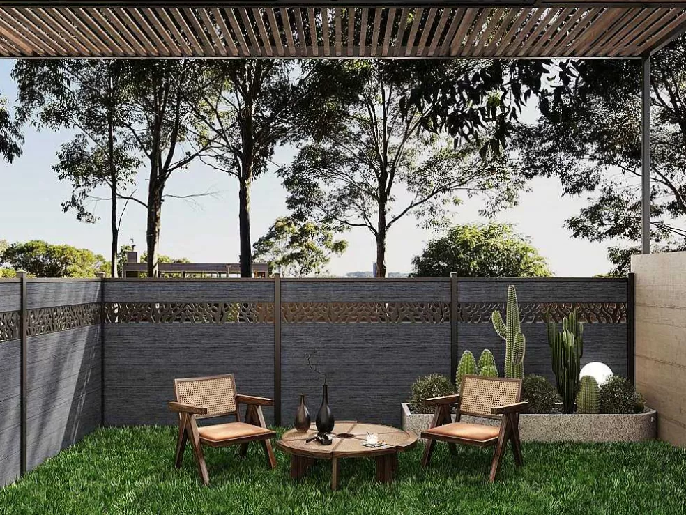 EXPERTLAND Paineis De Vedacao Para Enterrar A181 Cm, Kit De 7 Laminas Em Composito Com Decoração + 2 Postes Antracite - Enola* Canico E Cerca