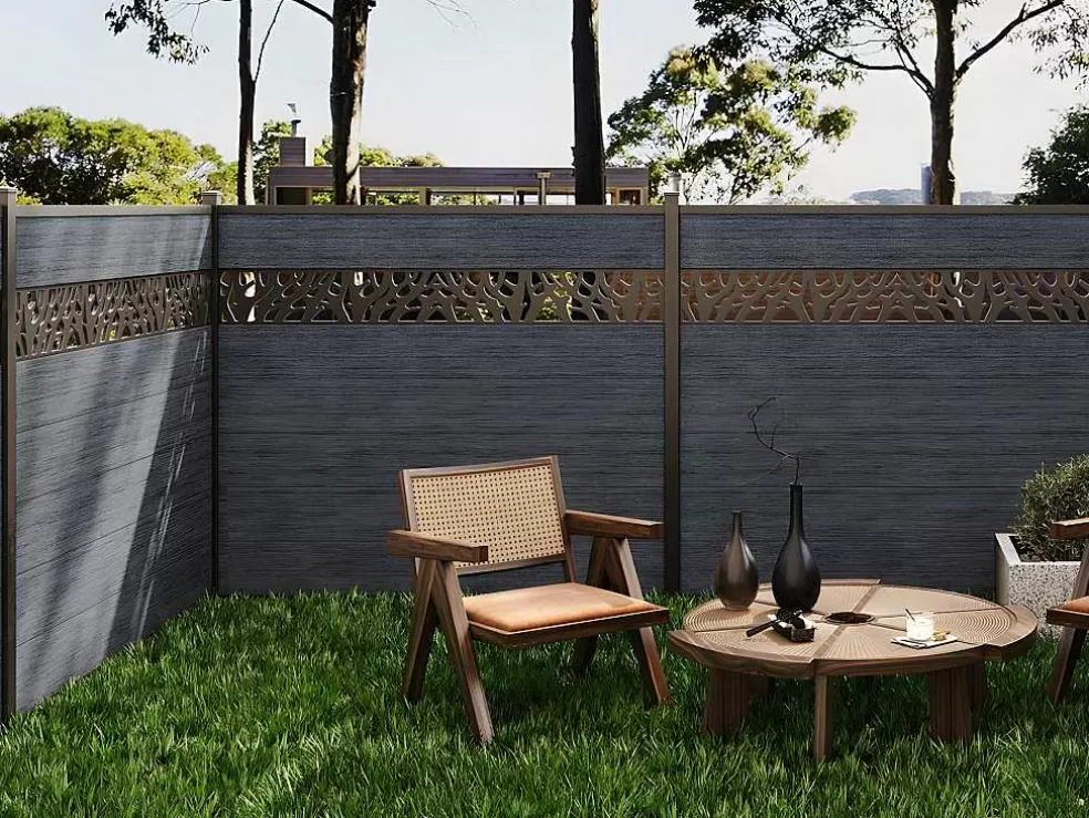EXPERTLAND Paineis De Vedacao Para Enterrar A181 Cm, Kit De 7 Laminas Em Composito Com Decoração + 2 Postes Antracite - Enola* Canico E Cerca
