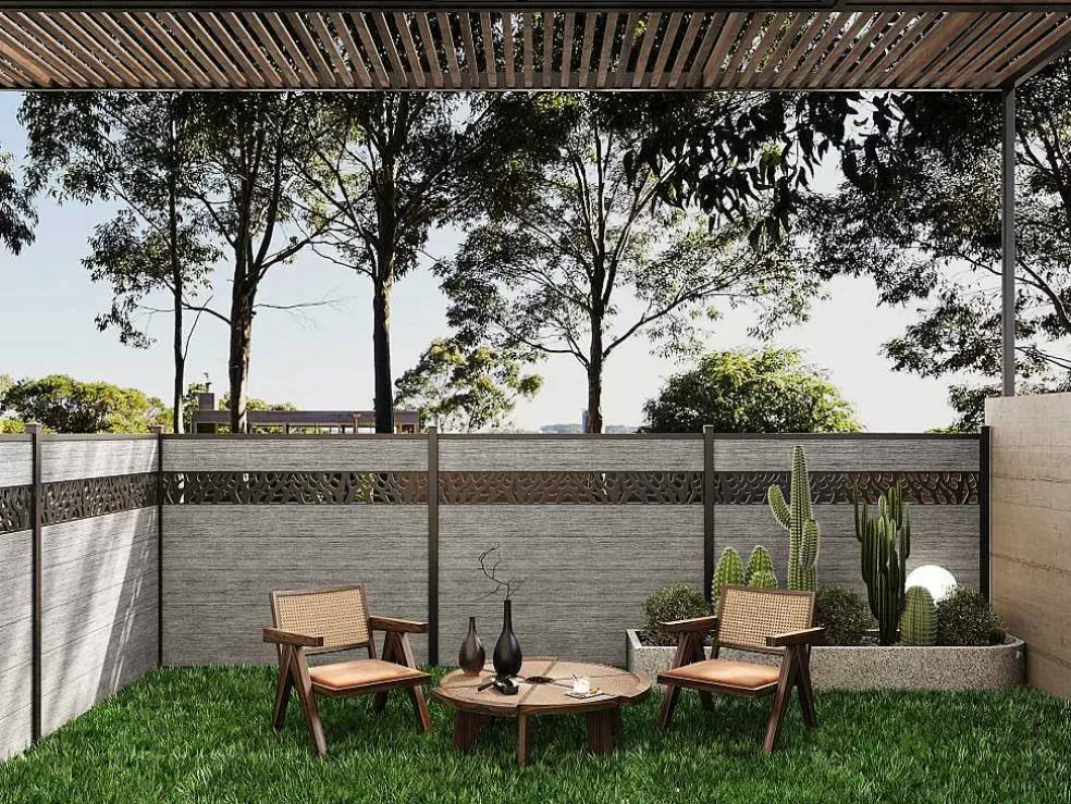EXPERTLAND Paineis De Vedacao Para Enterrar A181 Cm, Kit De 7 Laminas Em Composito Com Decoração + 2 Postes Cinzento-Claro - Enola* Canico E Cerca