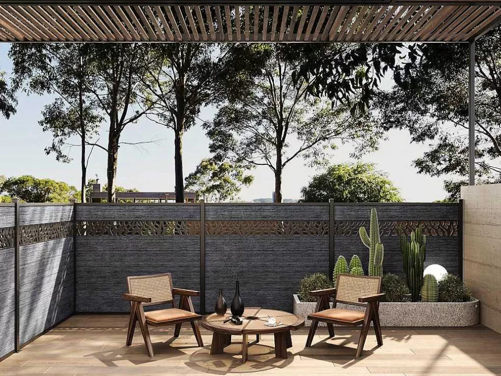 EXPERTLAND Paineis De Vedacao Para Pousar A181 Cm, Kit De 7 Laminas Em Composito Com Decoração + 1 Poste Antracite - Enola* Canico E Cerca