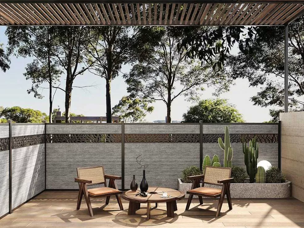 EXPERTLAND Paineis De Vedacao Para Pousar A181 Cm, Kit De 7 Laminas Em Composito Com Decoração + 2 Postes Cinzento-Claro - Enola* Canico E Cerca