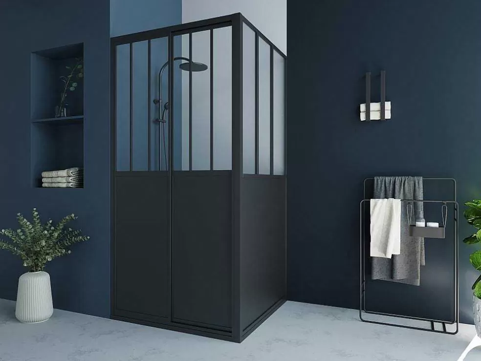 Shower & Design Painel De Duche Com Porta De Correr Preto Mate Estilo Industrial 100 X 80 X 195 Cm - Urbanik* Painel De Duche