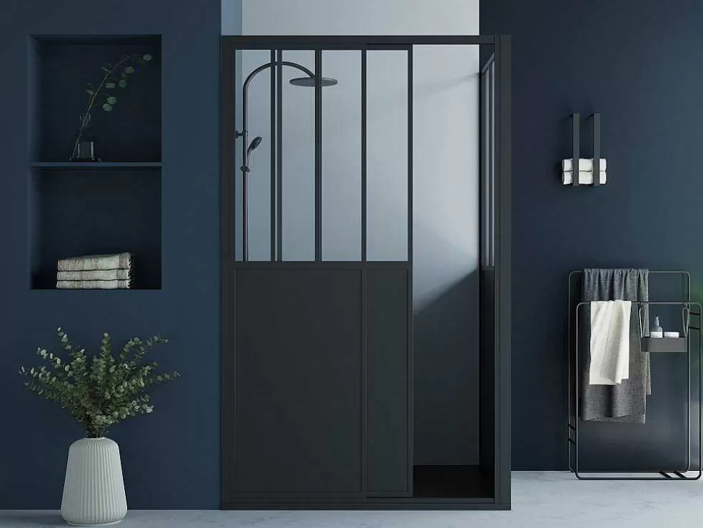 Shower & Design Painel De Duche Com Porta De Correr Preto Mate Estilo Industrial 120 X 80 X 195 Cm - Urbanik* Painel De Duche