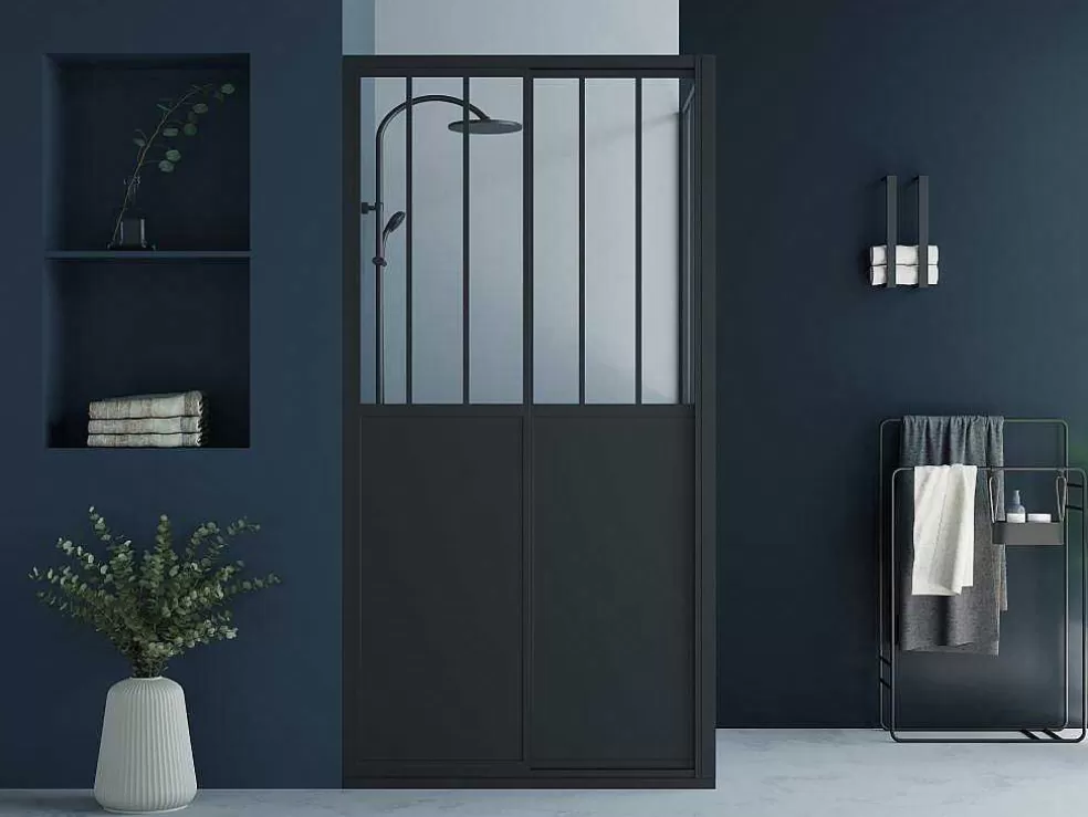 Shower & Design Painel De Duche Com Porta De Correr Preto Mate Estilo Industrial 100 X 80 X 195 Cm - Urbanik* Painel De Duche