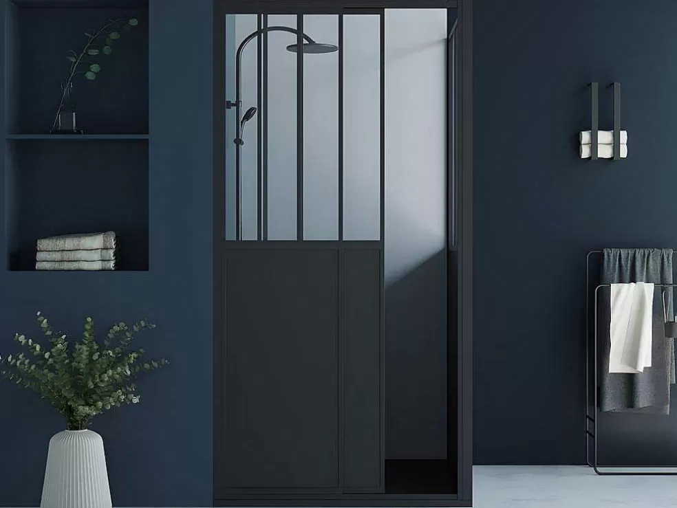 Shower & Design Painel De Duche Com Porta De Correr Preto Mate Estilo Industrial 100 X 80 X 195 Cm - Urbanik* Painel De Duche
