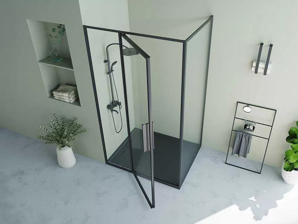 Shower & Design Painel De Duche Com Porta Giratoria Preto Fosco Estilo Industrial 120 X 80 X 195 Cm - Toroni* Painel De Duche