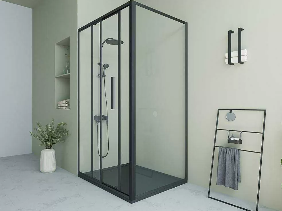 Shower & Design Painel De Duche Fixo Com Porta De Correr Preto Mate Estilo Industrial 120 X 80 X 195 Cm - Toroni* Painel De Duche